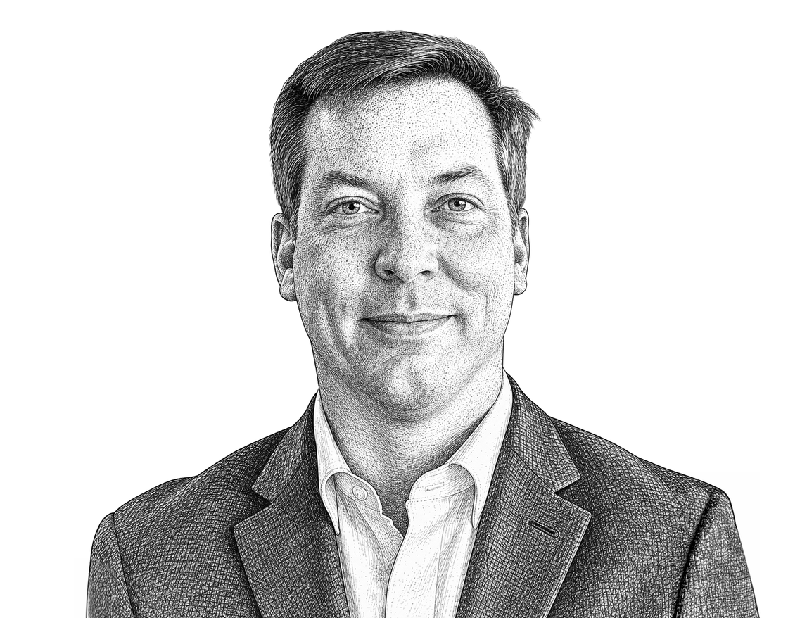 Stipple-engraved portrait of James McMahon, founder of McMahon Ventures