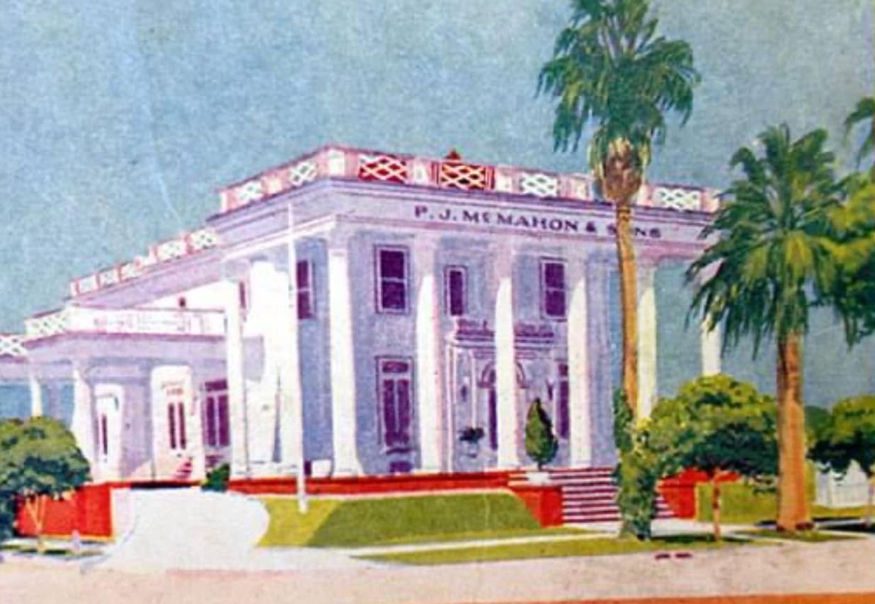 Illustration of the P.J. McMahon & Sons funeral home, a columned building framed by palm trees